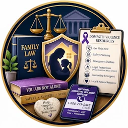 Family Law resource icon featuring a child support information checklist, calculator, Family Law reference book, payment documents, family photograph, and scales of justice representing child support guidelines, payment calculations, and financial responsibilities.