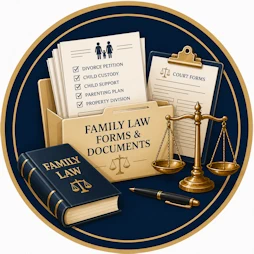 Family Law resource icon featuring official family law forms, court documents, a legal folder, clipboard, Family Law book, scales of justice, and a pen representing divorce forms, custody documents, child support paperwork, and court filings.