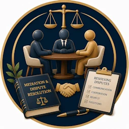 Family Law resource icon featuring a mediator meeting with two individuals, a mediation handbook, handshake symbol, scales of justice, and a dispute resolution checklist representing mediation, negotiation, and peaceful conflict resolution.