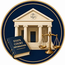 Family Law resource icon featuring a state courthouse, scales of justice, and a State Court Information law book representing official court websites, filing procedures, local rules, and family court resources.