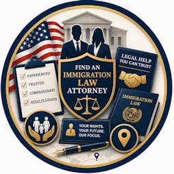 Circular Immigration Law resource icon featuring Immigration Law attorneys, courthouse, American flag, scales of justice, Immigration Law book, legal consultation checklist, handshake symbol, family protection icon, location marker, and fountain pen representing professional legal assistance for immigration matters.