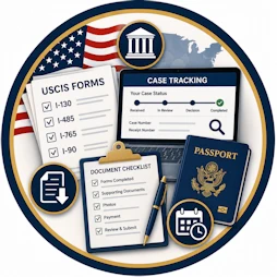 Circular Immigration Law resource icon featuring USCIS forms, online case tracking dashboard, document checklist, U.S. passport, American flag, courthouse, download symbol, calendar, and pen representing immigration forms, application tracking, and official case status resources.