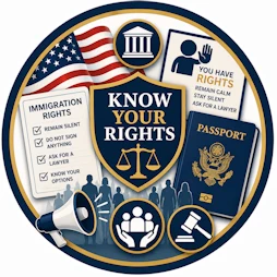 Circular Immigration Law resource icon featuring a "Know Your Rights" shield, scales of justice, American flag, immigration rights checklist, U.S. passport, courthouse, legal gavel, protected family symbol, and community silhouettes representing immigrant rights, legal protections, and trusted educational resources.