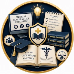 Medical Malpractice resource icon featuring an online education monitor, graduation cap, open medical law book, educational shield with medical cross, patient rights books, standards of care references, legal process books, learning checklist, and scales of justice representing medical malpractice education, patient rights, and healthcare law resources.