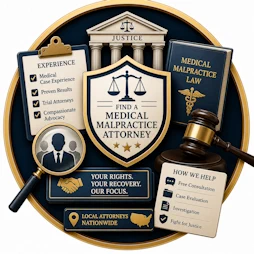 Medical Malpractice resource icon featuring a Find a Medical Malpractice Attorney shield, courthouse, medical malpractice law book, judge's gavel, attorney search magnifying glass, attorney qualifications checklist, legal consultation panel, handshake, and nationwide attorney locator representing finding experienced medical malpractice attorneys for patient injury claims.