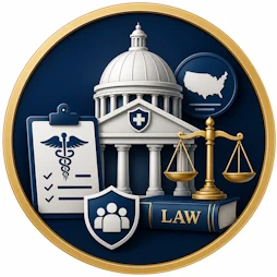 Medical Malpractice resource icon featuring a government capitol building with a healthcare shield, medical checklist, scales of justice, law book, United States map, and community protection emblem representing government health agencies, healthcare regulations, patient safety, and legal oversight.