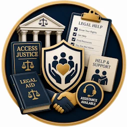 Medical Malpractice resource icon featuring an access to justice courthouse, legal help checklist, legal aid reference book, patient assistance shield with caring hands and heart, handshake, help and support panel, and assistance available emblem representing legal aid, patient assistance, advocacy, and access to healthcare and legal resources.