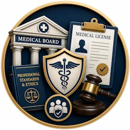 Medical Malpractice resource icon featuring a Medical Board building, medical license certificate, professional standards and ethics book, caduceus shield, judge's gavel, and public protection emblem representing physician licensing, professional oversight, medical ethics, and healthcare accountability.