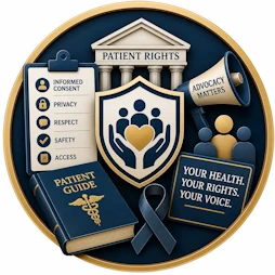 Medical Malpractice resource icon featuring a Patient Rights building, patient rights checklist, advocacy shield with caring hands and heart, patient guide book, healthcare awareness ribbon, advocacy megaphone, and community support symbols representing patient rights, healthcare advocacy, informed consent, medical privacy, and patient protection.