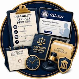 Social Security Disability resource icon featuring a Disability Appeals Process checklist, SSA.gov appeals portal, appeal documents, legal rights handbook, gavel, courthouse shield, calendar, and clock representing disability appeals, hearings, deadlines, and legal review.