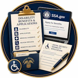 Social Security Disability resource icon featuring a Disability Benefits & Applications checklist, SSA.gov application screen, disability application form, document folder, accessibility symbol, and official Social Security imagery representing disability benefit applications, eligibility, and supporting documentation.