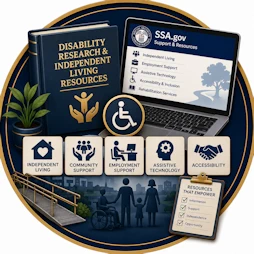 Social Security Disability resource icon featuring a Disability Research & Independent Living guide, SSA.gov support resources, accessibility symbol, independent living icons, employment support, assistive technology, community resources, and rehabilitation services representing disability support and independent living programs.