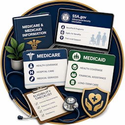 Social Security Disability resource icon featuring Medicare and Medicaid information cards, an SSA.gov website display, eligibility checklist, stethoscope, healthcare shield, and official benefit resources representing medical coverage, disability healthcare programs, and government assistance.