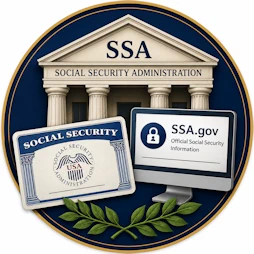 Social Security Disability resource icon featuring the Social Security Administration building, an SSA.gov computer display, Social Security card, and official government symbols representing disability benefits, SSDI, SSI, and trusted federal resources.