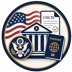 Circular Immigration Law resource icon featuring a U.S. government building, American flag, USCIS document, U.S. passport, Great Seal–style eagle medallion, and patriotic navy-and-gold border representing official U.S. government immigration agencies and trusted immigration resources.