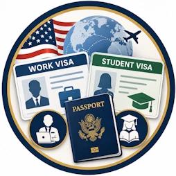 Circular Immigration Law resource icon featuring Work Visa and Student Visa documents, U.S. passport, American flag, globe with international travel routes, airplane, business professional, graduate, and navy-and-gold border representing employment-based and student immigration opportunities in the United States.
