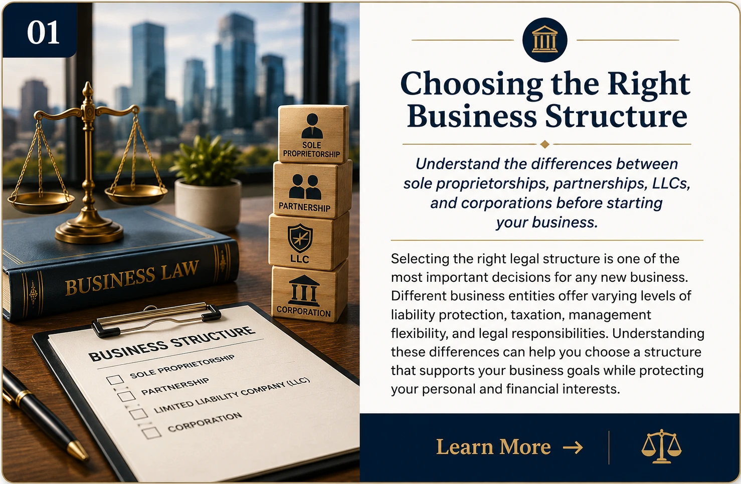 Choosing the Right Business Structure | Business Law Guide | Legal Topics Checklist Business Law related guide card illustrating business structure options, including sole proprietorship, partnership, limited liability company (LLC), and corporation, with scales of justice, business law reference book, business structure checklist, and corporate office skyline representing legal business formation decisions.