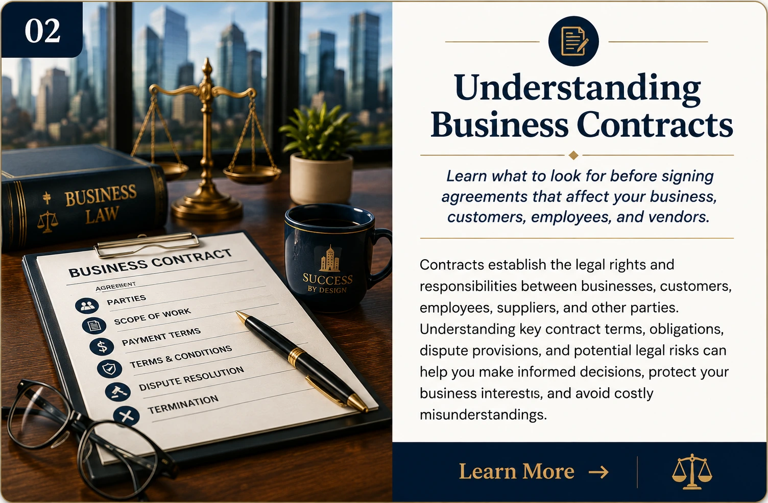 Understanding Business Contracts | Business Law Guide | Legal Topics Checklist Business Law related guide card featuring a business contract checklist, scales of justice, Business Law reference book, pen, eyeglasses, corporate office skyline, and legal documents representing contract review, negotiations, and commercial agreements for businesses.