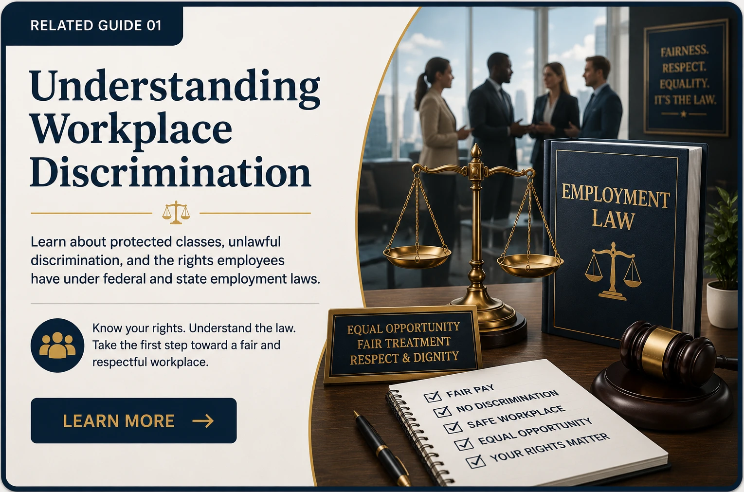 Employment Law related guide card featuring Employment Law reference book, scales of justice, employee rights checklist, diverse workplace professionals, Equal Opportunity sign, gavel, and workplace legal symbols representing discrimination laws, employee rights, fair treatment, and workplace equality.
