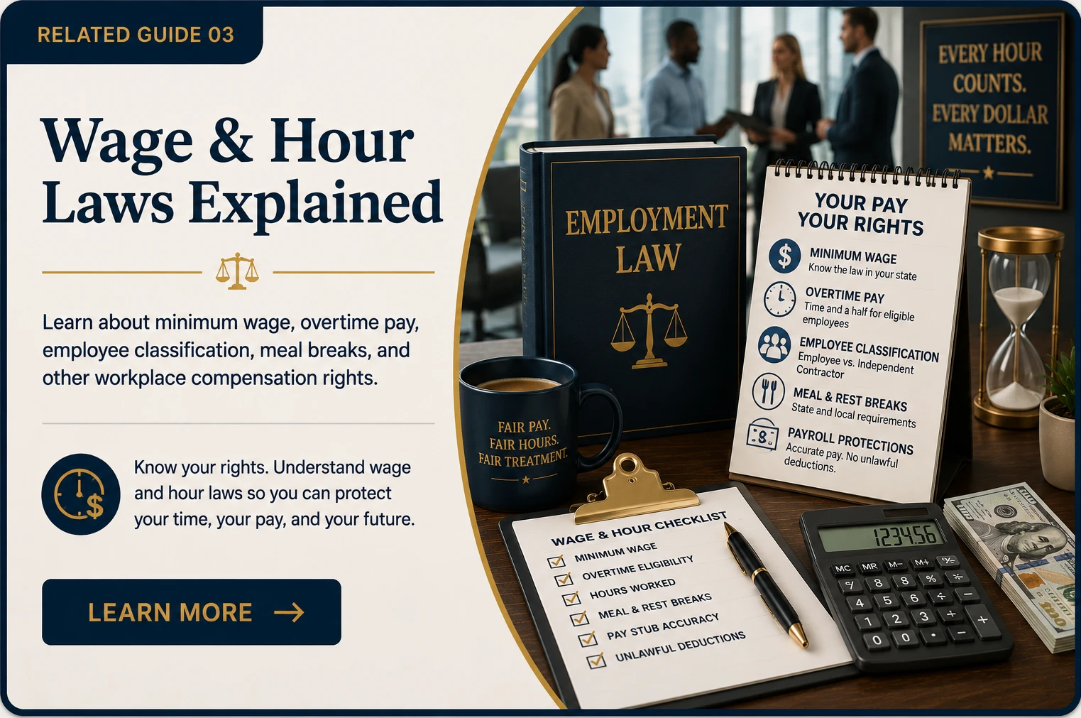 Employment Law related guide card featuring an Employment Law reference book, Wage & Hour checklist, calculator, payroll reference guide, cash, hourglass, fair pay coffee mug, and workplace legal symbols representing minimum wage, overtime pay, employee classification, payroll protections, and workplace compensation rights.
