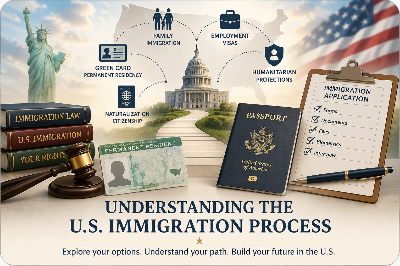 Understanding the U.S. Immigration Process | Immigration Law Guide | Legal Topics Checklist Immigration Law related guide card featuring the Statue of Liberty, U.S. Capitol, American flag, Immigration Law books, U.S. passport, permanent resident card, immigration application checklist, judge's gavel, and pathway icons representing family immigration, employment visas, green cards, naturalization, humanitarian protections, and the U.S. immigration process.