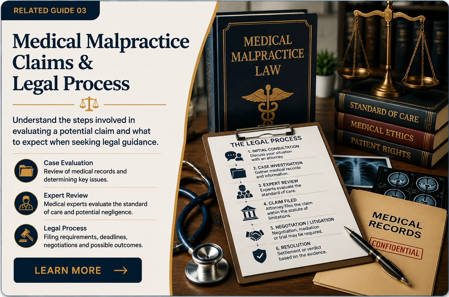 Medical Malpractice Claims & Legal Process | Medical Malpractice Guide | Legal Topics Checklist Medical Malpractice related guide card featuring a Medical Malpractice law book, legal process checklist, medical records folder, diagnostic scans, stethoscope, scales of justice, standard of care references, medical ethics books, and legal documents representing claim evaluation, expert review, medical records analysis, and the medical malpractice legal process.