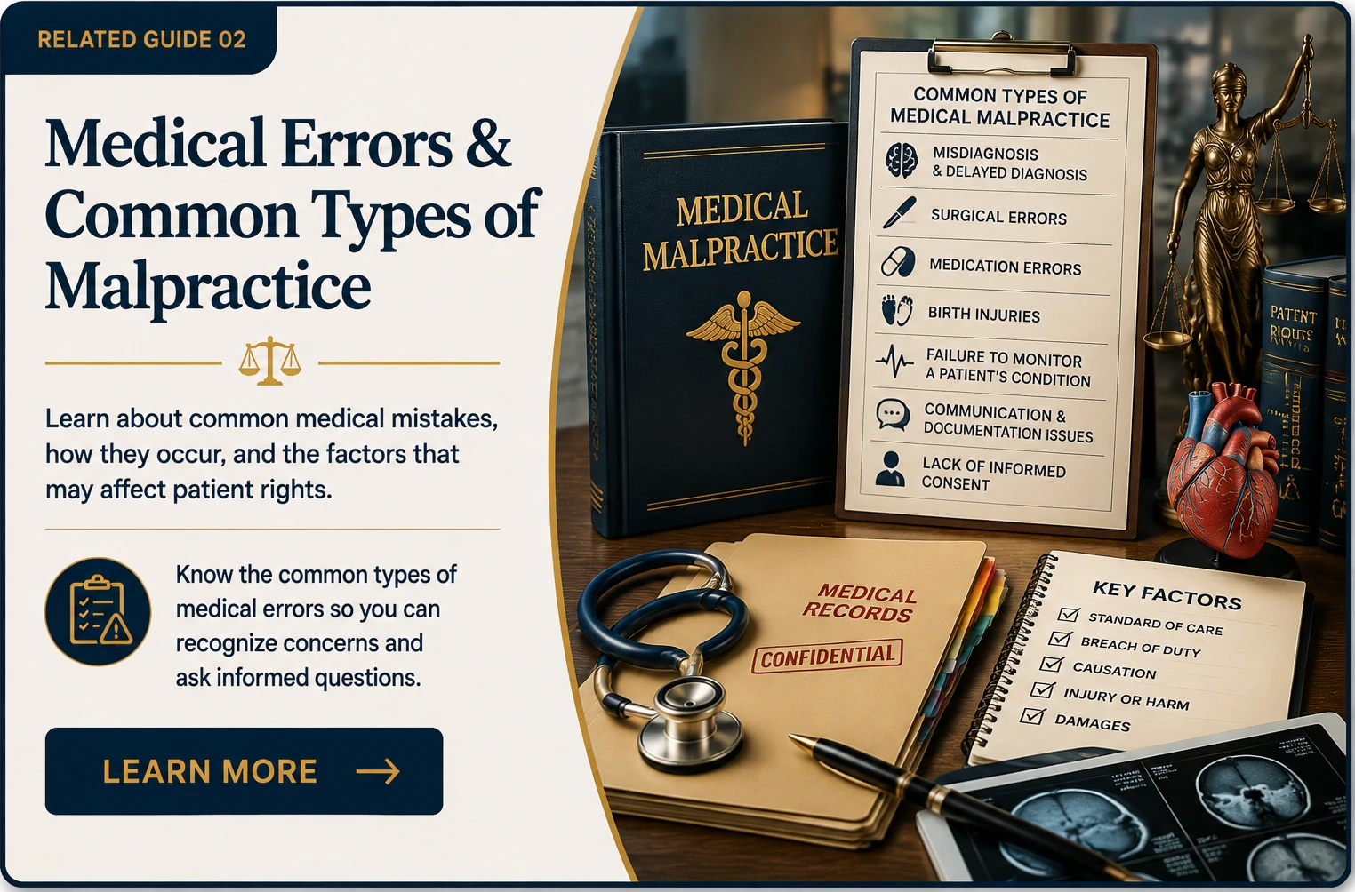 Medical Errors & Common Types of Malpractice | Medical Malpractice Guide | Legal Topics Checklist Alt Text Medical Malpractice related guide card featuring a Medical Malpractice law book, common medical malpractice checklist, medical records, stethoscope, anatomical heart model, diagnostic scans, Lady Justice statue, patient rights references, and healthcare law materials representing misdiagnosis, surgical errors, medication errors, birth injuries, and patient safety concerns.