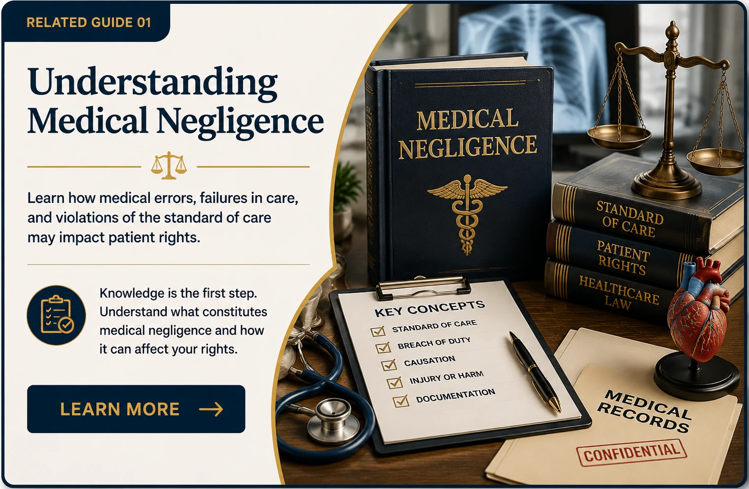 Understanding Medical Negligence | Medical Malpractice Guide | Legal Topics Checklist Medical Malpractice related guide card featuring a Medical Negligence law book, medical records, patient rights references, scales of justice, stethoscope, anatomical heart model, medical checklist, and X-ray image representing medical negligence, standard of care, patient rights, medical errors, and healthcare law.