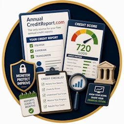 Resource icon representing AnnualCreditReport.com, featuring a credit report, credit score dashboard, financial checklist, shield, and monitoring symbols representing free annual credit reports and credit recovery after bankruptcy.