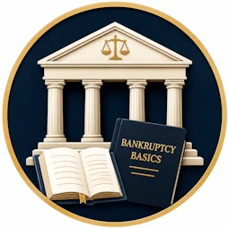 Resource icon representing United States Courts Bankruptcy Basics, featuring a courthouse, open law book, Bankruptcy Basics guide, and scales of justice symbolizing official educational information about the bankruptcy process.