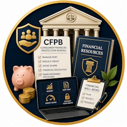 Resource icon representing the Consumer Financial Protection Bureau (CFPB), featuring financial resources, debt management tools, a piggy bank, consumer protection shield, budgeting dashboard, and financial well-being checklist symbolizing debt recovery and financial education.