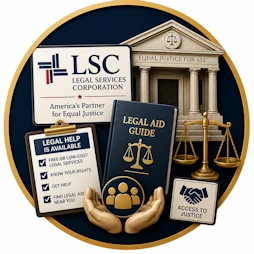 Resource icon representing the Legal Services Corporation (LSC), featuring a courthouse, legal aid guide, scales of justice, helping hands, and attorney assistance symbols representing access to free or low-cost legal services.