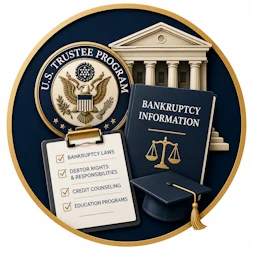 Resource icon representing the U.S. Trustee Program, featuring an official government seal, courthouse, bankruptcy information guide, debtor education checklist, and graduation cap symbolizing bankruptcy education and official federal guidance.