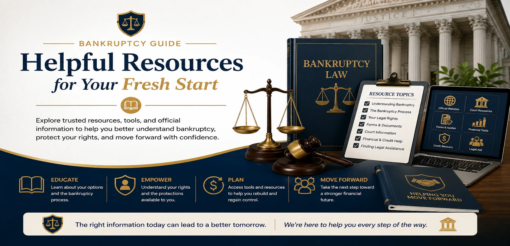 Bankruptcy Helpful Resources | Legal Topics Checklist Bankruptcy Helpful Resources banner featuring a bankruptcy law book, resource checklist, scales of justice, gavel, laptop displaying legal resources, and courthouse background representing trusted bankruptcy information, financial recovery, and debt relief resources.