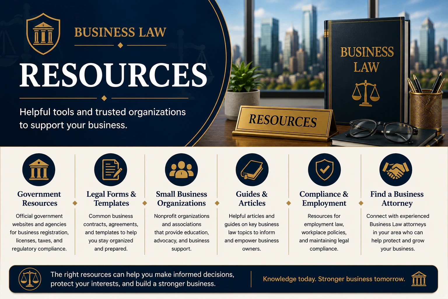 Business Law Resources | Legal Topics Checklist Business Law Resources banner featuring Business Law reference book, government resources, legal forms and templates, small business organizations, compliance support, attorney directory, corporate office skyline, and Legal Topics Checklist branding representing trusted resources for business owners and entrepreneurs.