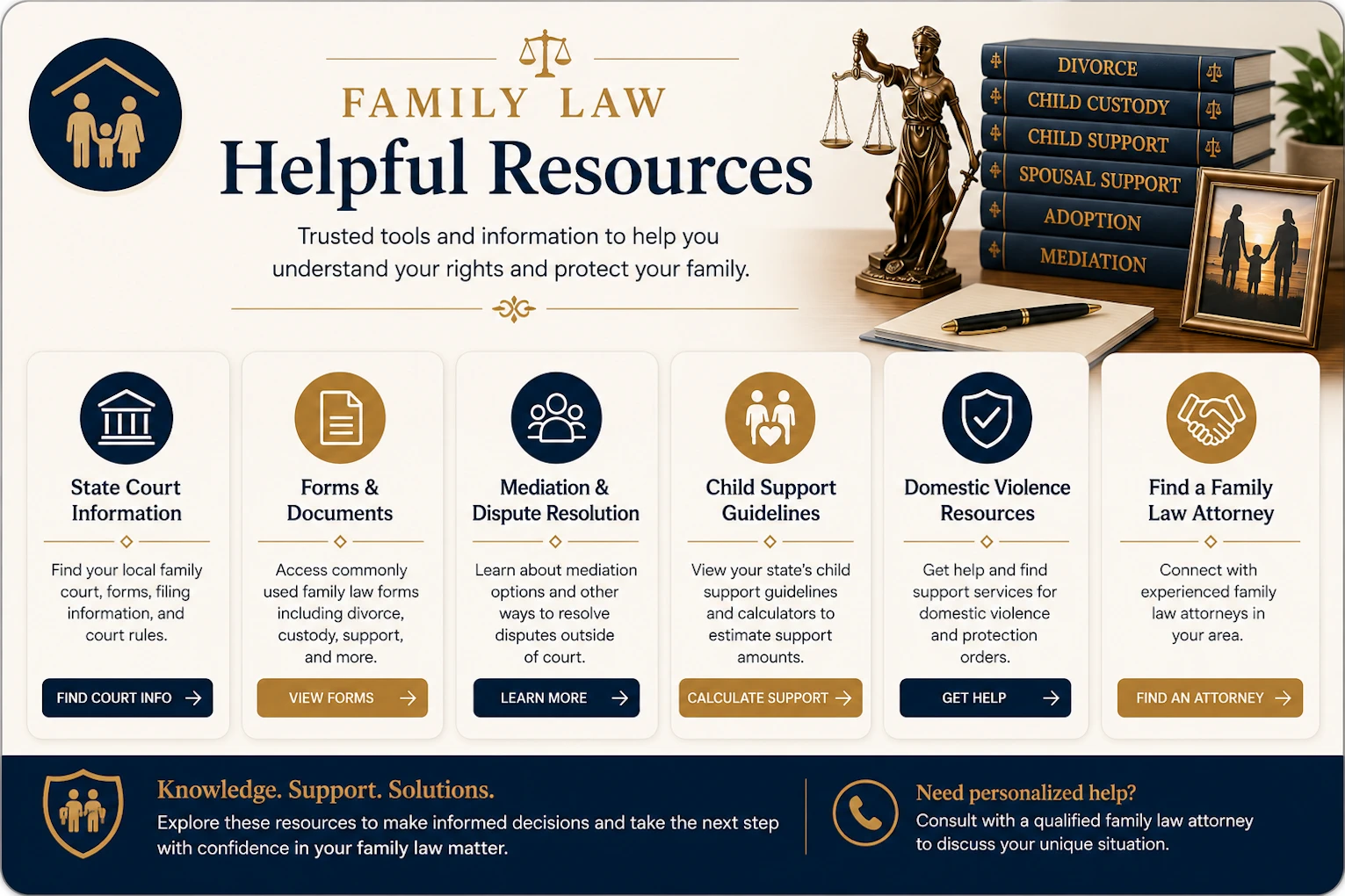 Family Law Helpful Resources | Legal Topics Checklist Family Law Helpful Resources banner featuring Lady Justice, family law books, a family photograph, legal documents, and resource cards representing trusted information about divorce, child custody, child support, mediation, court forms, and family law assistance.